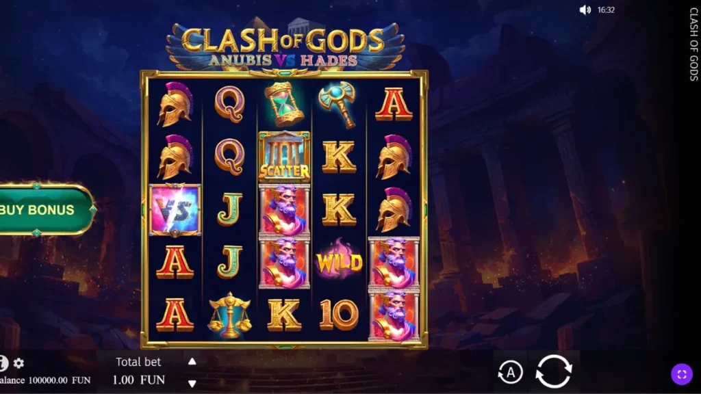 Tampilan visual slot Clash of Gods: Anubis vs Hades dengan latar belakang dewa Mesir dan Yunani
