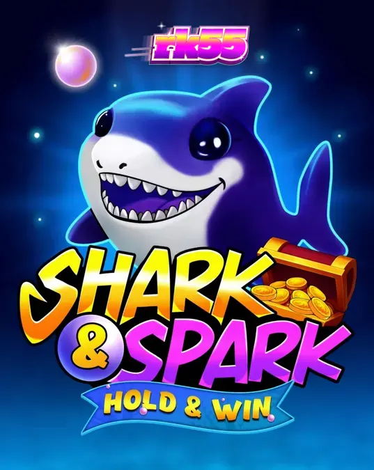 Karakter hiu kartun dalam permainan slot Shark & Spark Hold & Win